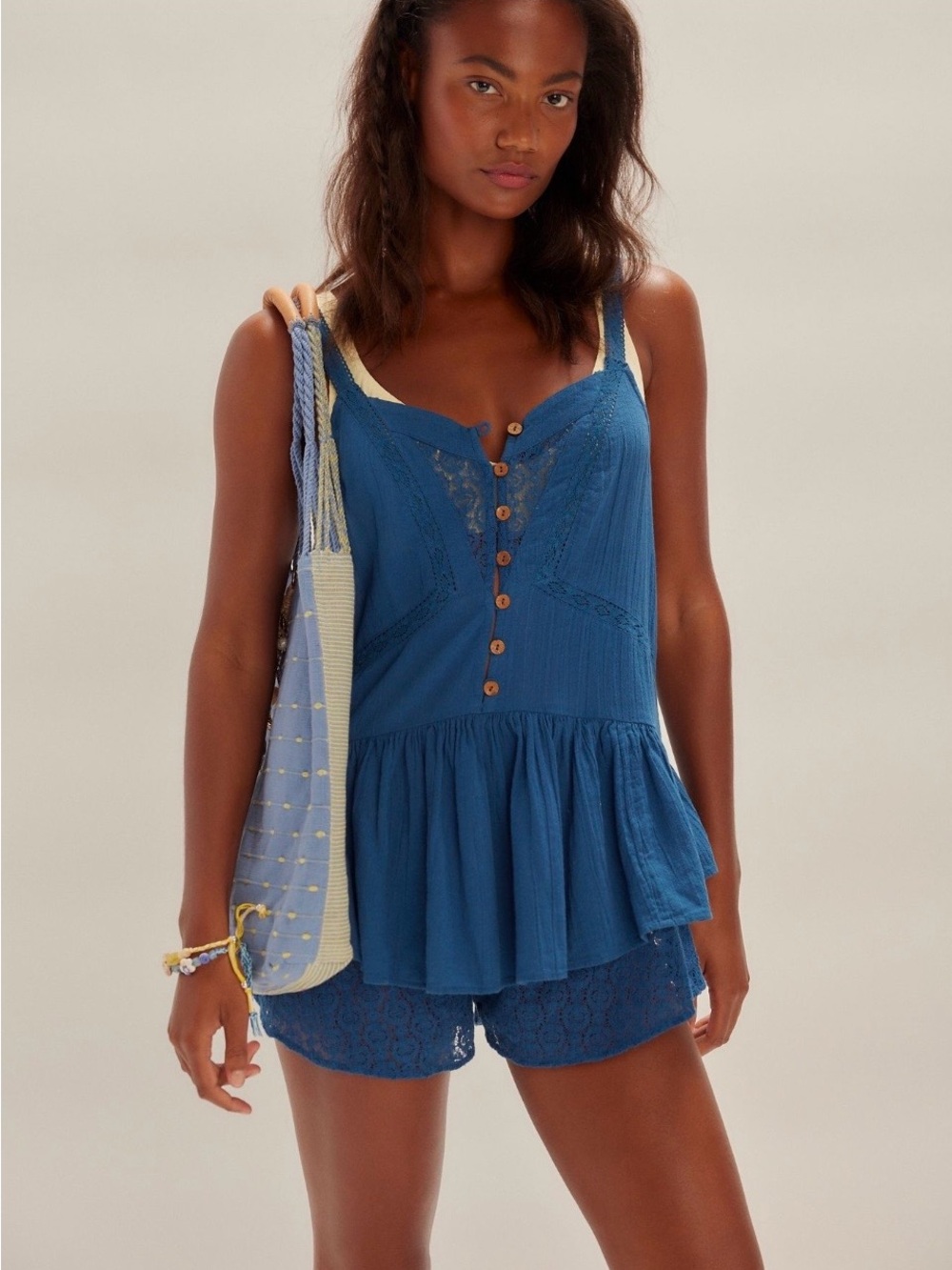 Free People Free-est blue button front romper L adjustable straps flattering